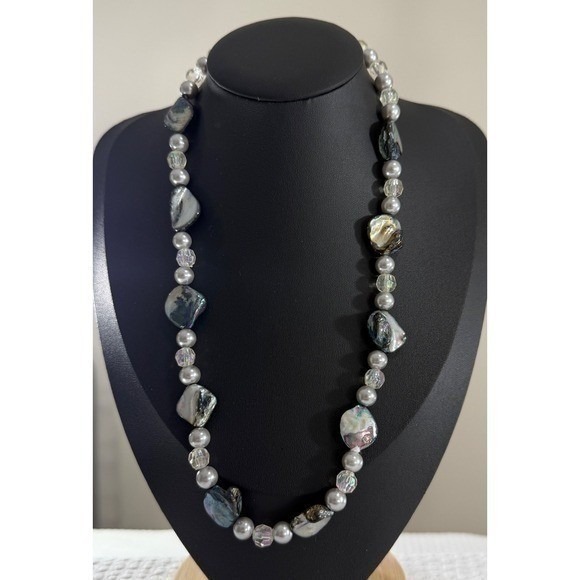 Jewelry - Beaded Shell Necklace About 20 Inch Grey Iridescent Faux Pearl Extender Jewelry